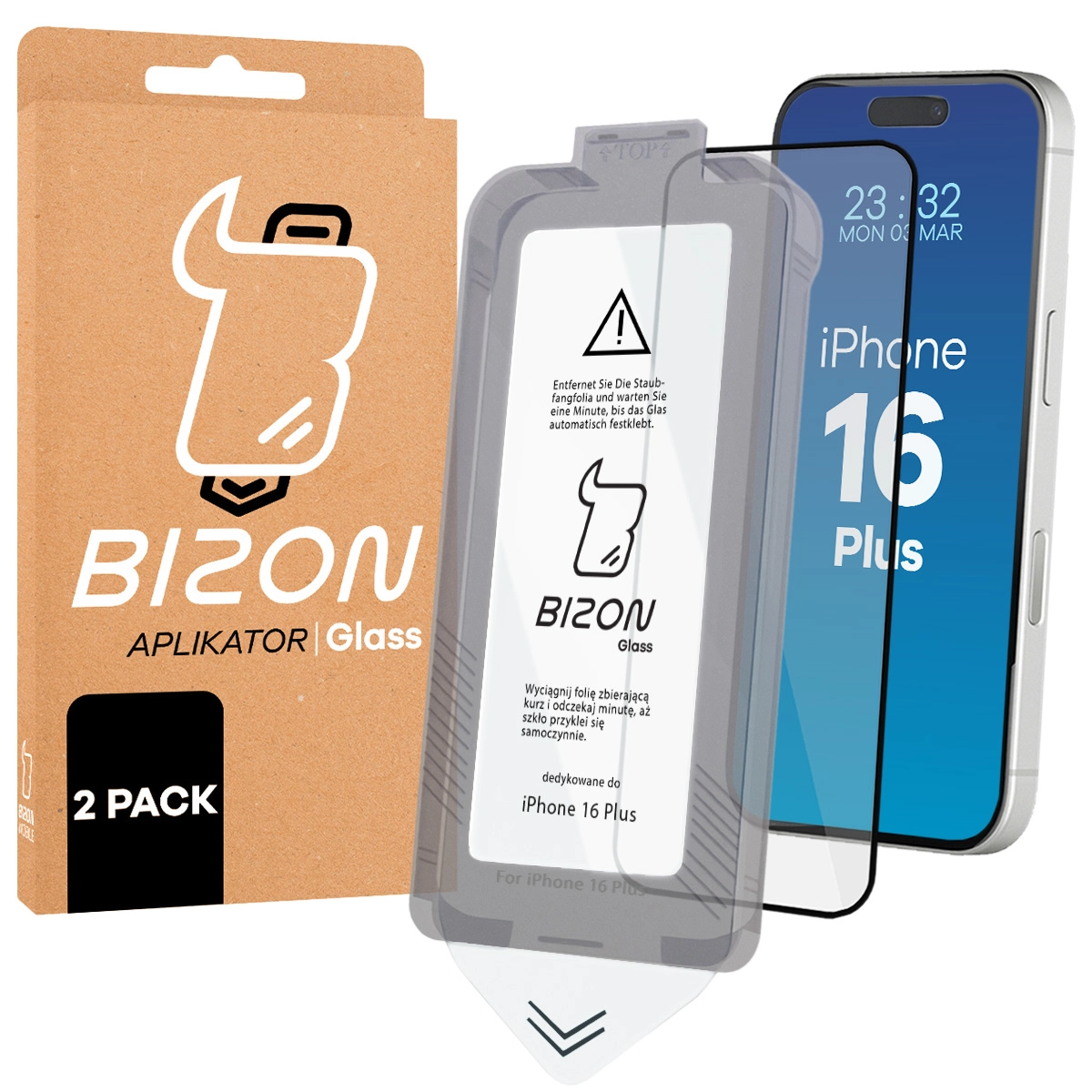 Szkło do łatwej aplikacji Bizon Glass Aplikator dla iPhone 16 Plus